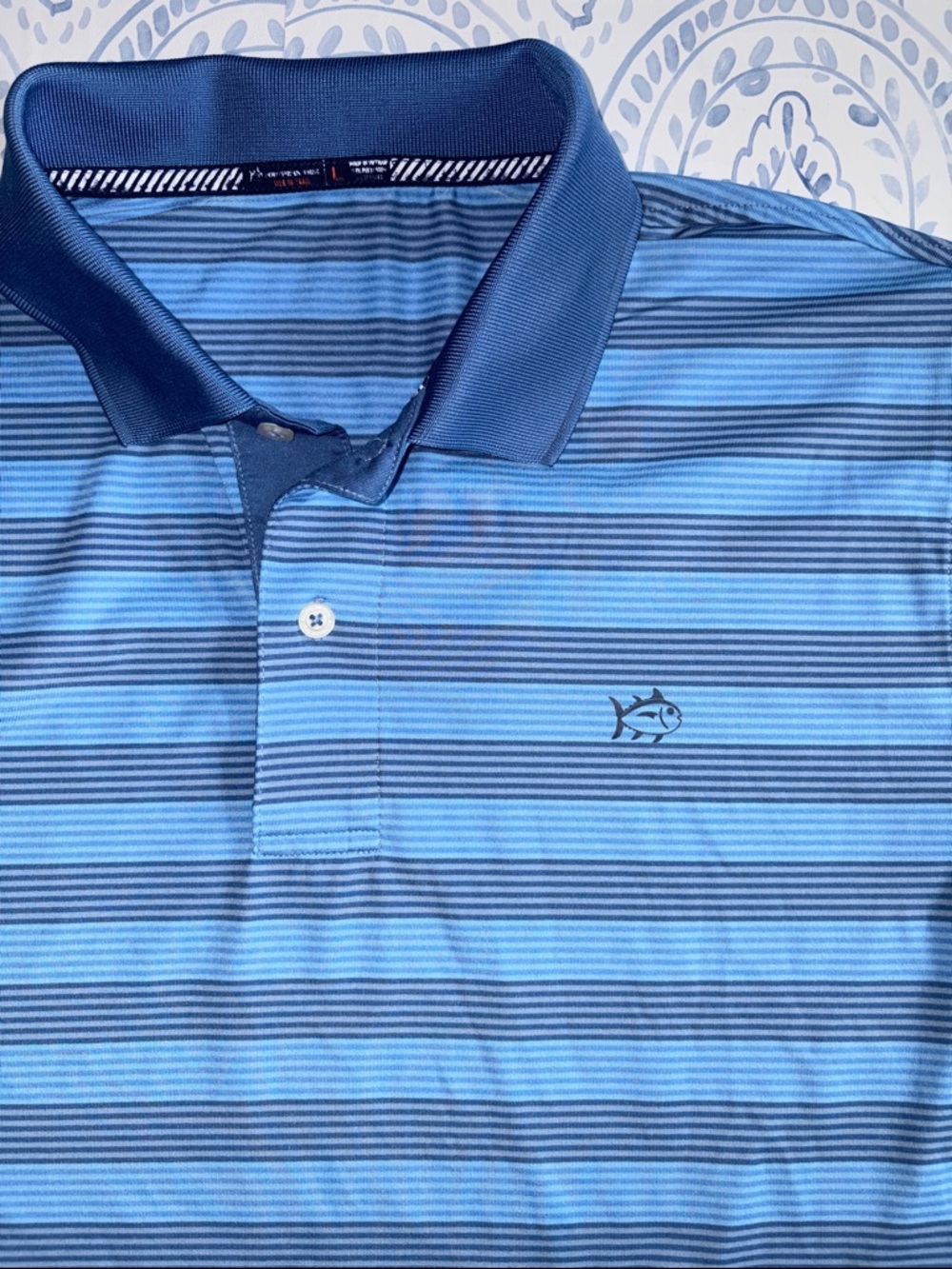 Southern Tide -Tide to Trail- Blue Striped Performance Polo Shirt - Size Large